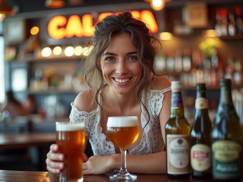 Mujer sonriente en un bar sosteniendo dos vasos de cerveza, con botellas en el fondo.