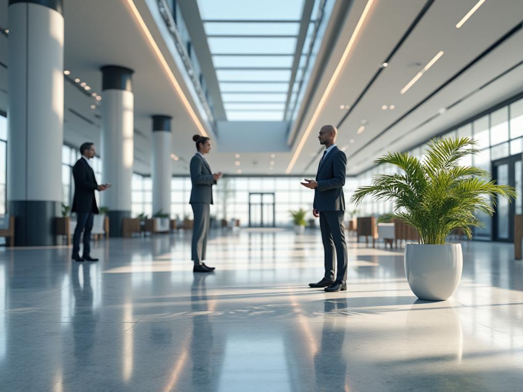 Modern office lobby with two people in suits standing and talking, large windows, polished floors, and potted plants.