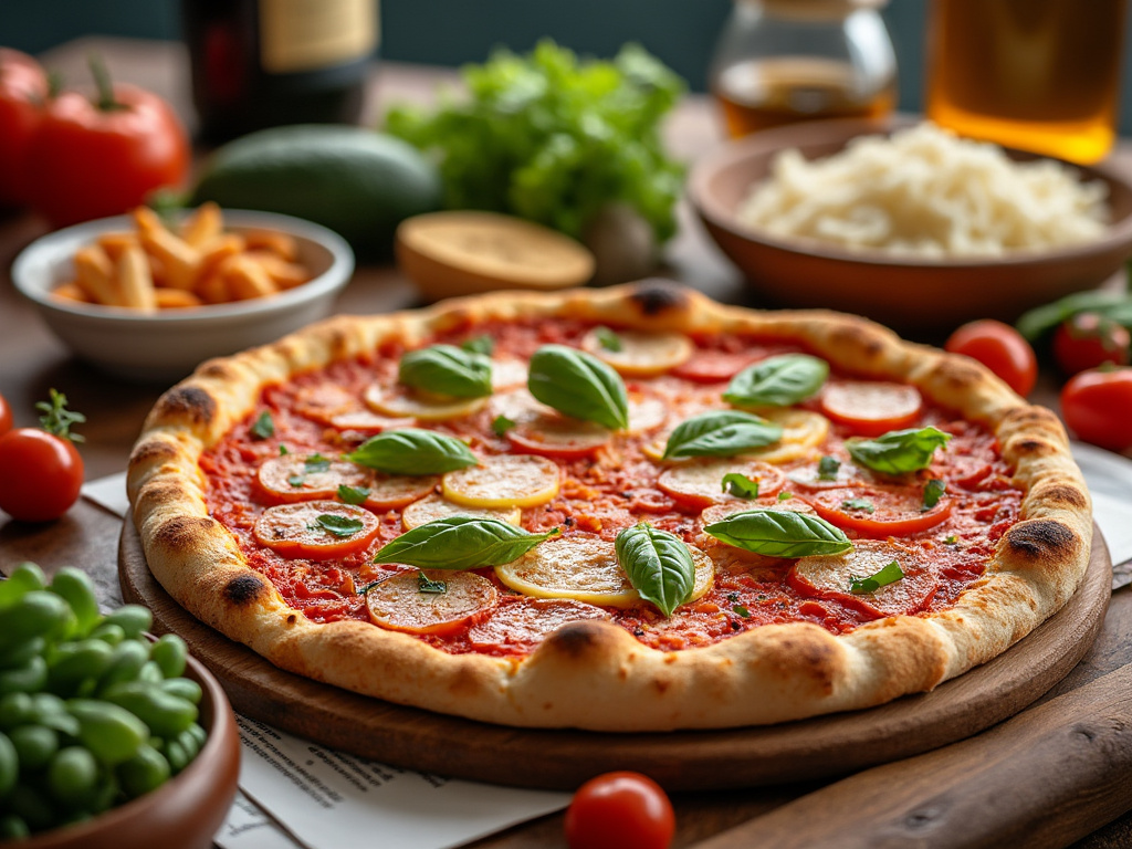 Pizza margherita com folhas de manjericão fresco em tabuleiro de madeira, cercada por ingredientes como tomates, batatas fritas e verduras.