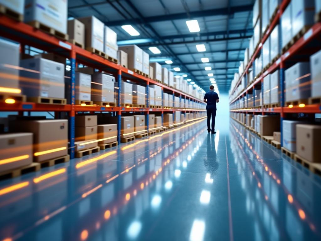 Interior de un almacén moderno con estanterías llenas de cajas y una persona caminando entre los pasillos iluminados.