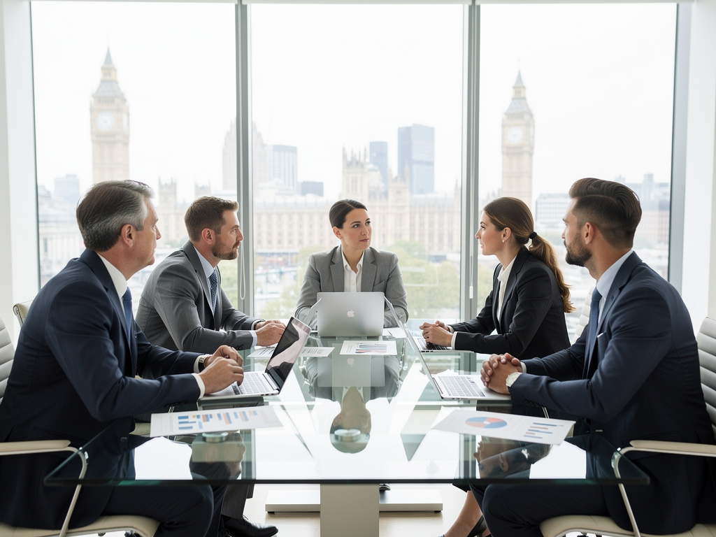 Business executives in a London boardroom meeting with Big Ben and city skyline visible through large windows