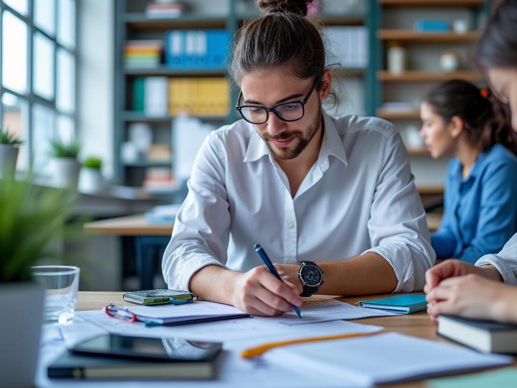 Joven con gafas escribiendo en un escritorio en una oficina moderna, rodeado de libros y material de trabajo.