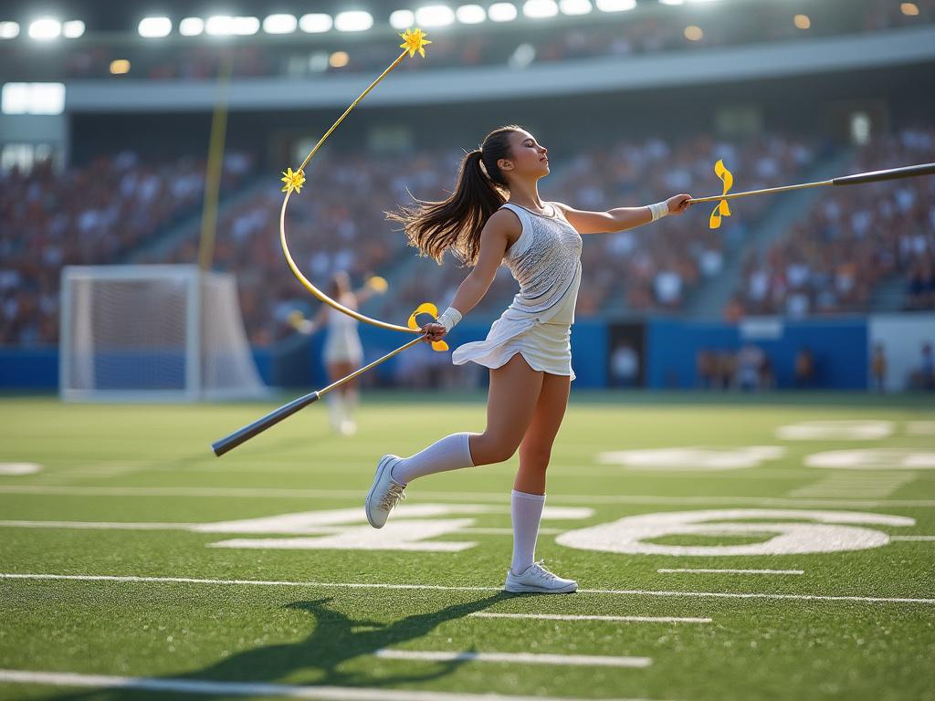 A female baton twirler performing on a football field in a stadium, with a large audience watching.