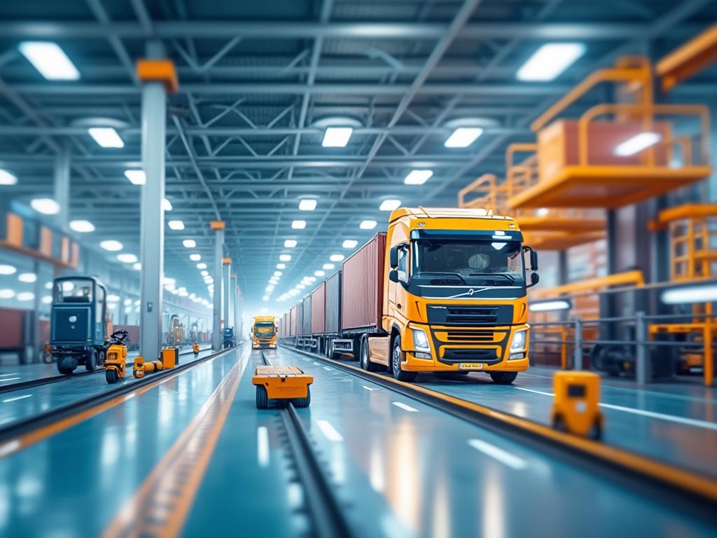 Camión amarillo transportando contenedores dentro de un moderno almacén industrial iluminado.