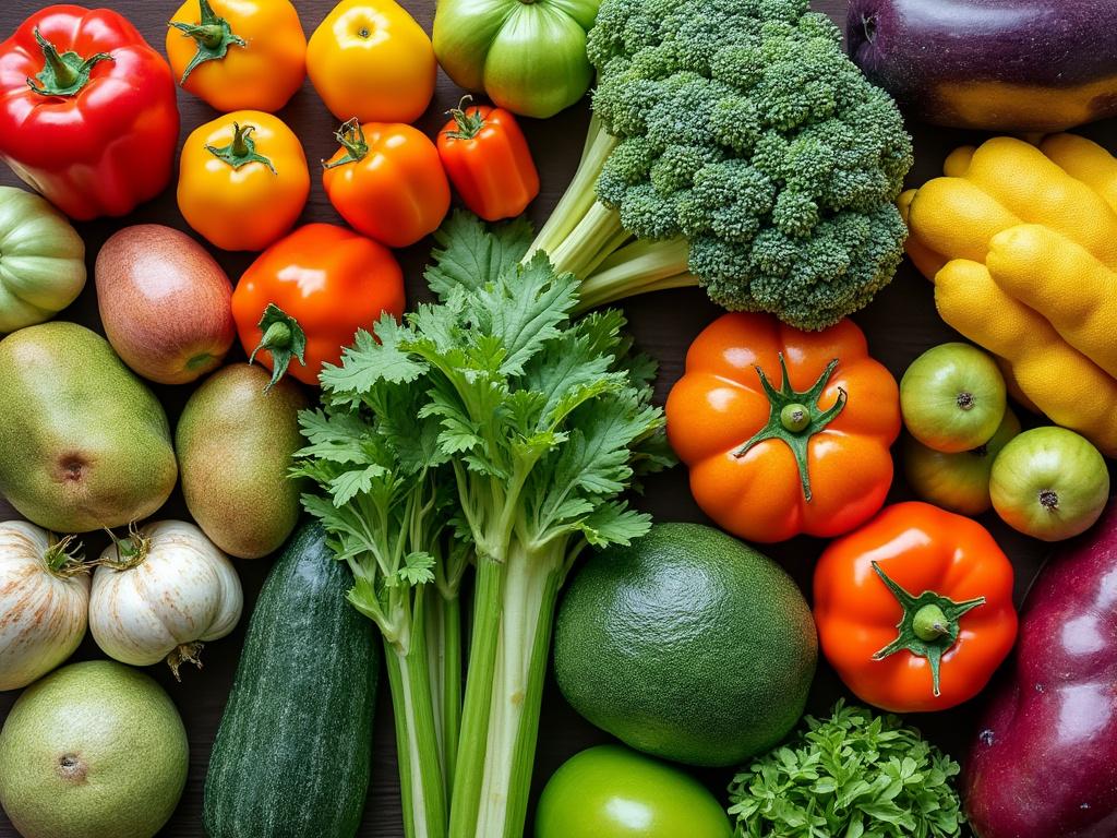 Assorted fresh vegetables including bell peppers, eggplants, zucchini, broccoli, tomatoes, pears, and celery displayed on a dark wooden surface.