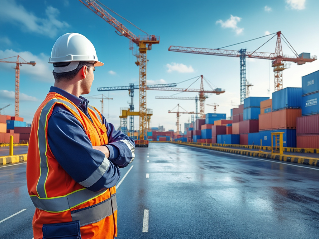Trabajador de la construcción en un puerto de carga, rodeado de contenedores y grúas bajo un cielo despejado.