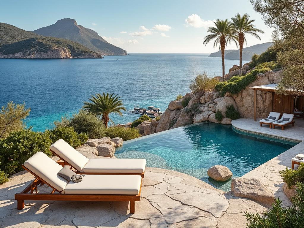 Luxury infinity pool terrace with sun loungers overlooking turquoise Mediterranean sea, mountains, and palm trees Luxury infinity pool terrace with sun loungers overlooking turquoise Mediterranean sea, mountains, and palm trees
