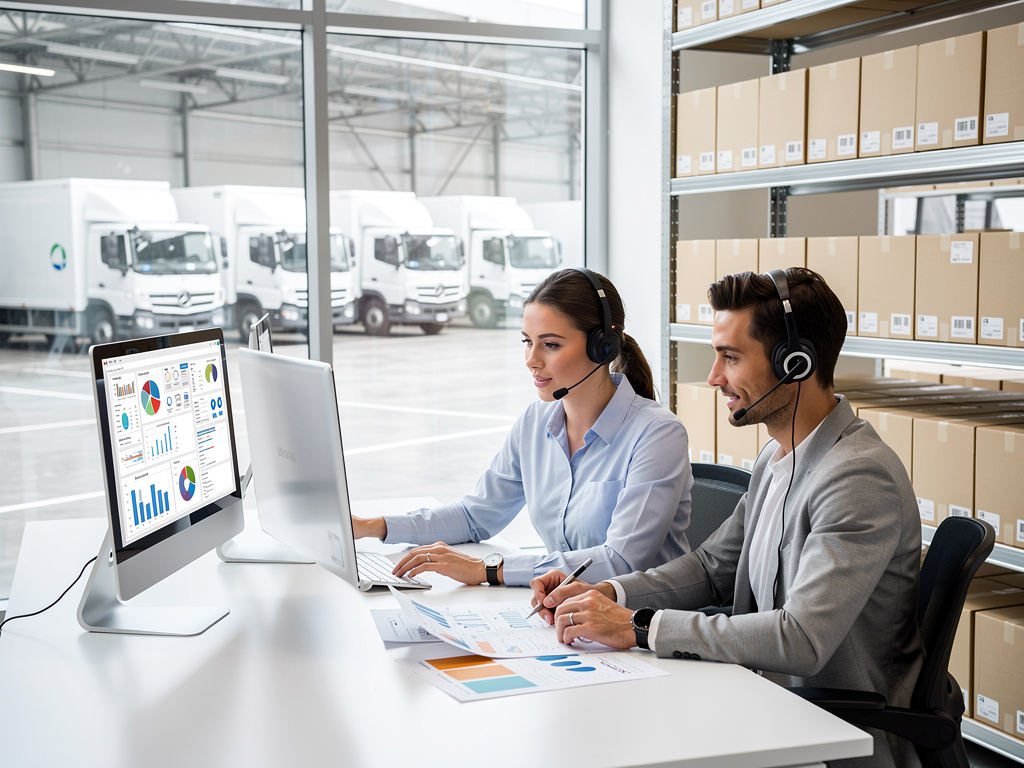 Operadores de logística con auriculares gestionando pedidos y análisis de datos en almacén con camiones de reparto Operadores de logística con auriculares gestionando pedidos y análisis de datos en almacén con camiones de reparto
