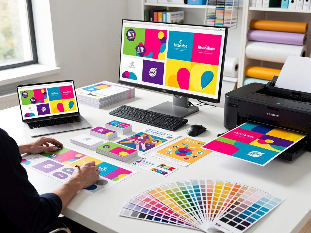 Diseñador gráfico creando identidad de marca colorida con computadora, impresora, muestras de color y materiales impresos