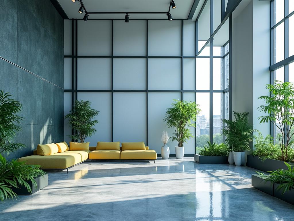 Espacio interior moderno con sofá amarillo y plantas verdes, ventanales grandes y luz natural.