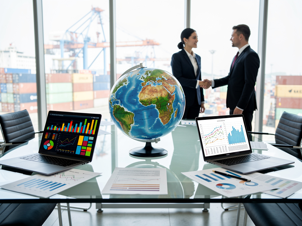 Ejecutivos cerrando acuerdo de comercio internacional en oficina con globo terráqueo, portátiles con gráficos y puerto de contenedores al fondo