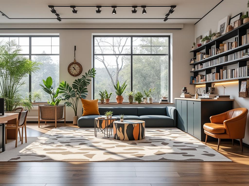 Sala de estar moderna con sofás azules, sillas naranjas, plantas decorativas y estanterías llenas de libros.