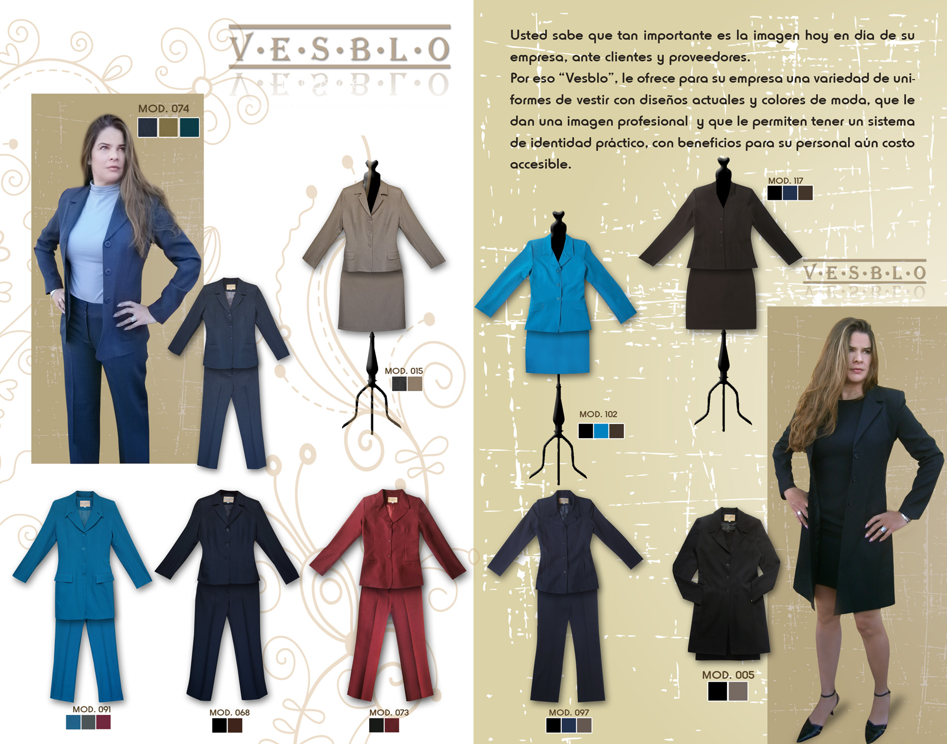 Catálogo de trajes empresariales Vesblo con varios modelos de chaquetas y pantalones en diferentes colores.