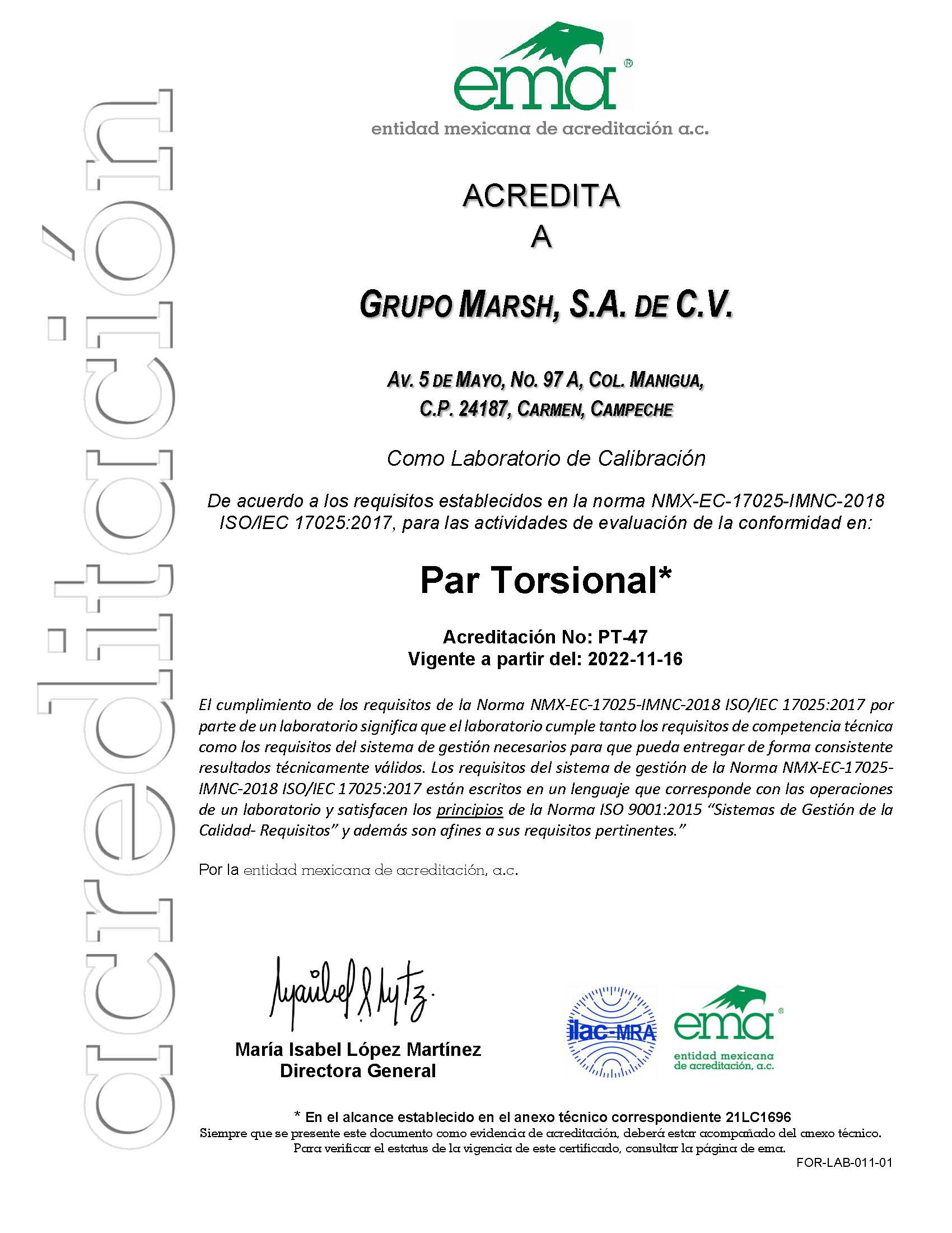 Grupo Marsh Acreditación en Par torsional No. PT-47 ante ema