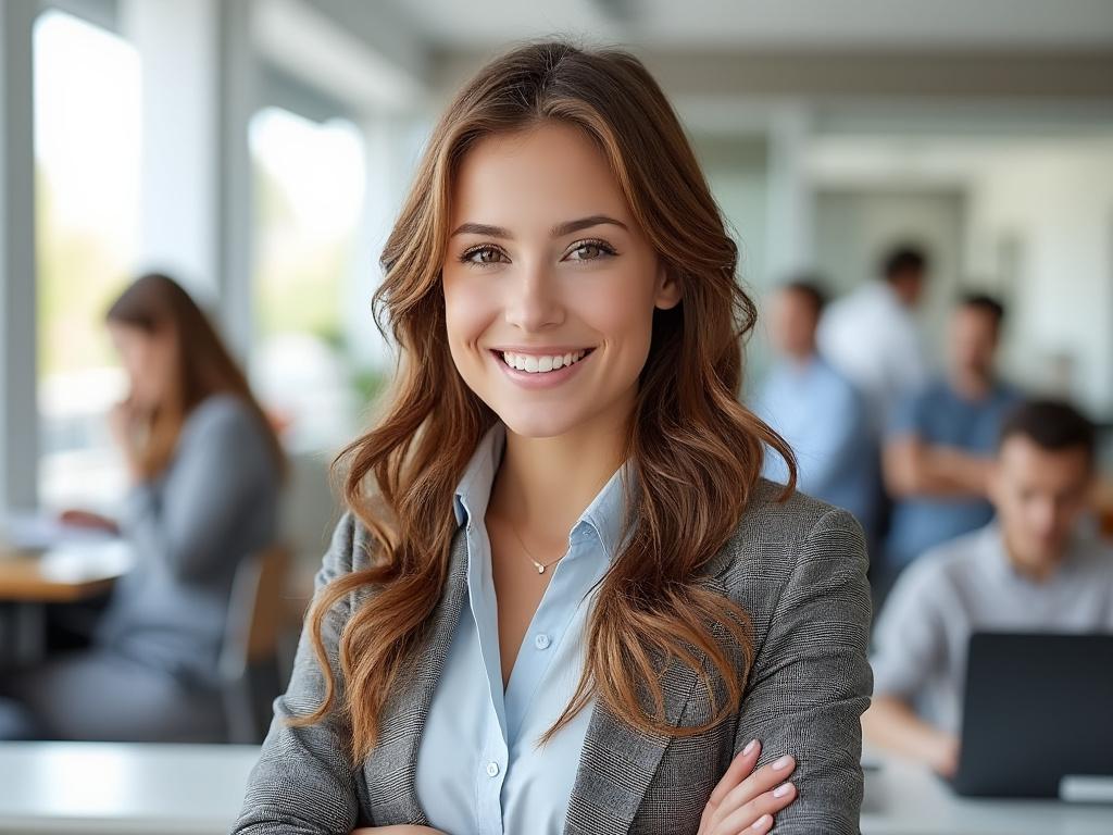 Mujer joven con chaqueta gris sonriendo en una oficina moderna, rodeada de colegas trabajando.