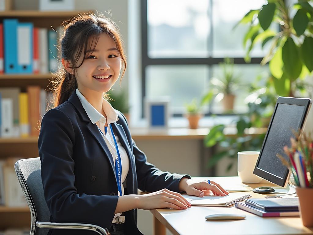 Mujer joven sonriente trabajando en una oficina moderna con plantas y ordenador.
