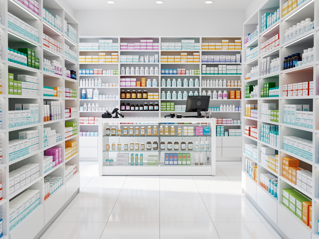 Interior de farmacia moderna con estanterías llenas de medicamentos y mostrador de atención