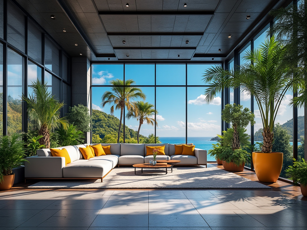 Sala de estar moderna con grandes ventanales, sofás blancos y cojines amarillos, con vista a un paisaje tropical de playa y palmeras. Sala de estar moderna con grandes ventanales, sofás blancos y cojines amarillos, con vista a un paisaje tropical de playa y palmeras.