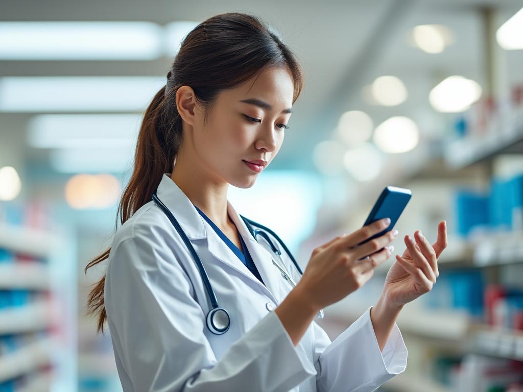 Doctora joven en bata blanca con estetoscopio usando un teléfono móvil en una farmacia luminosa. Doctora joven en bata blanca con estetoscopio usando un teléfono móvil en una farmacia luminosa.