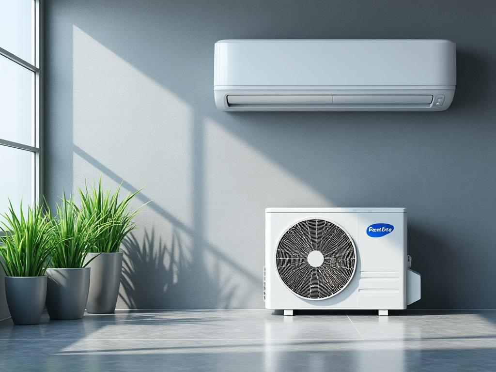 Unidad de aire acondicionado en una habitación moderna con plantas en macetas y luz natural.