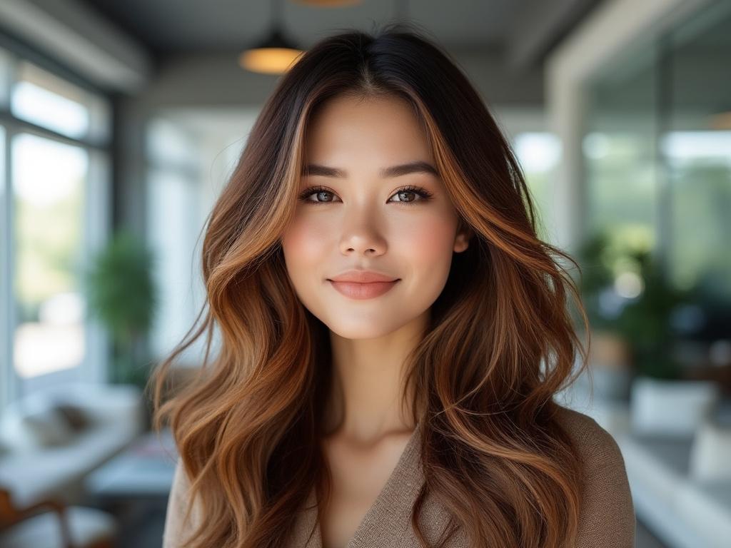 Mujer joven con cabello largo y ondulado, sonriente, en un entorno moderno y luminoso.