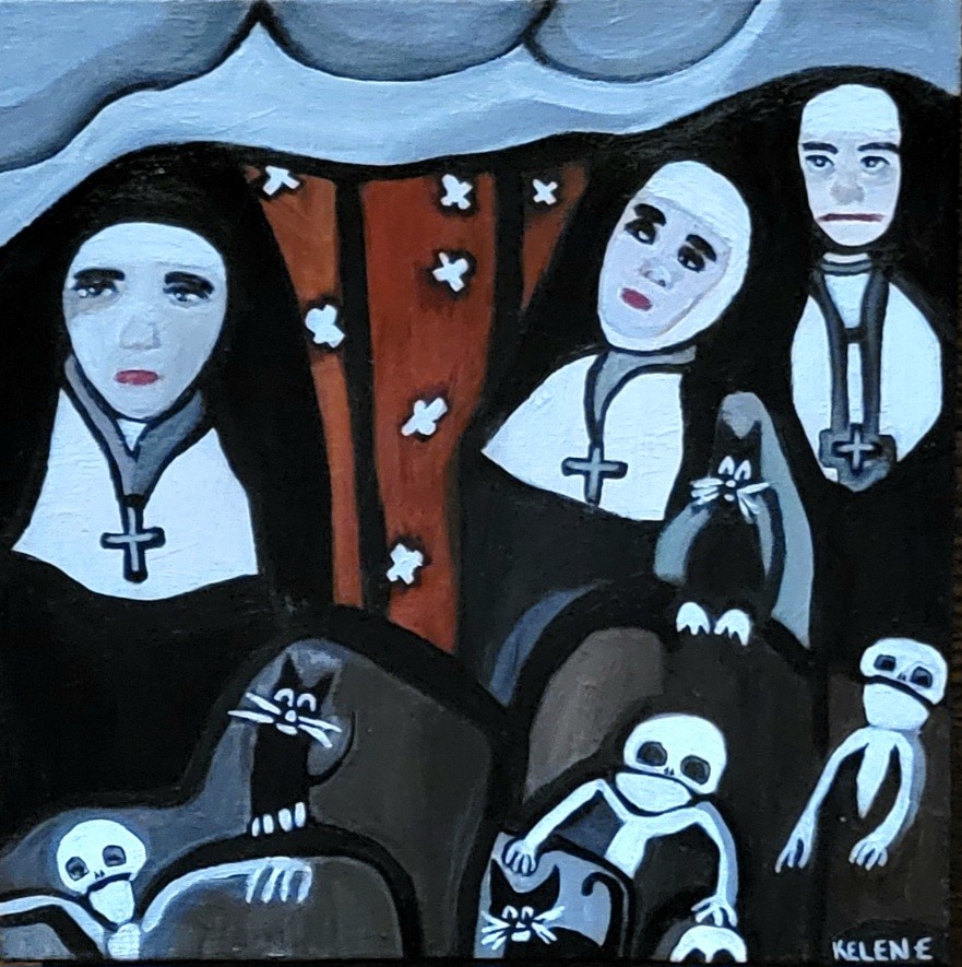 SOLD Title Nuns and cats outside. 12 x 12 acrylic on canvas Kelene 2023
