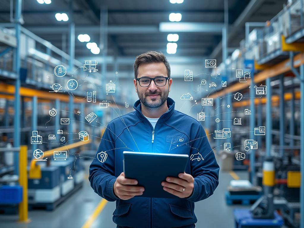 Empleado en almacén digital usando tableta con iconos de tecnología flotando alrededor.