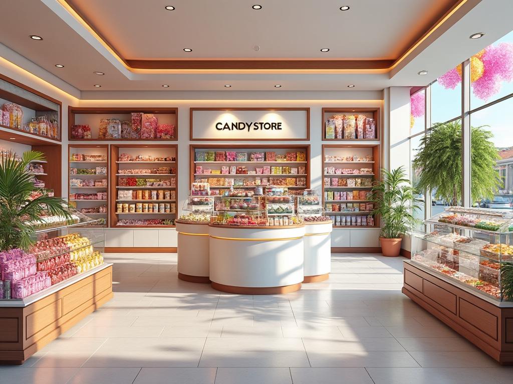Interior de tienda de dulces con estantes llenos de golosinas de colores, vitrinas con caramelos y decoración moderna.