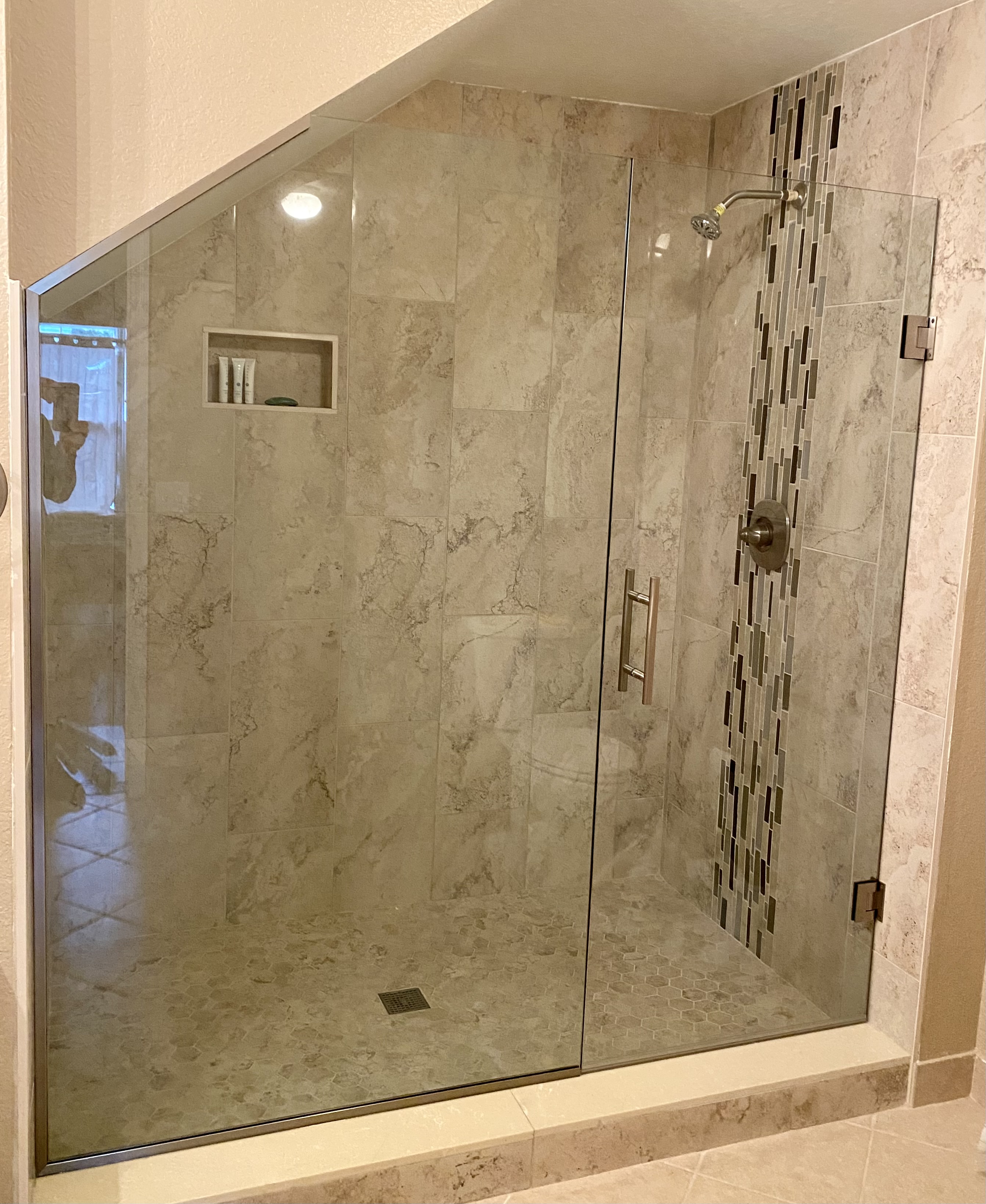 Custom 3/8" frameless enclosure under eve, by Pierce Lindsey Glass