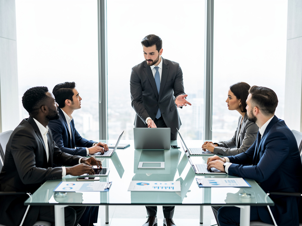 Equipo ejecutivo en reunión de negocios en sala moderna con portátiles y gráficos financieros