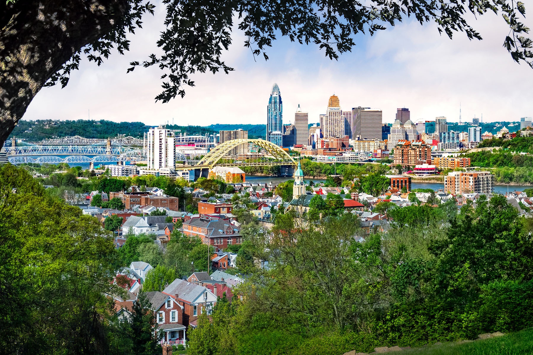 BRIDGES - This Cincinnati skyline view from the hills above Newport shows the many bridges crossing the Ohio River that help make the strong tie that Cincinnati has with northern Kentucky. 