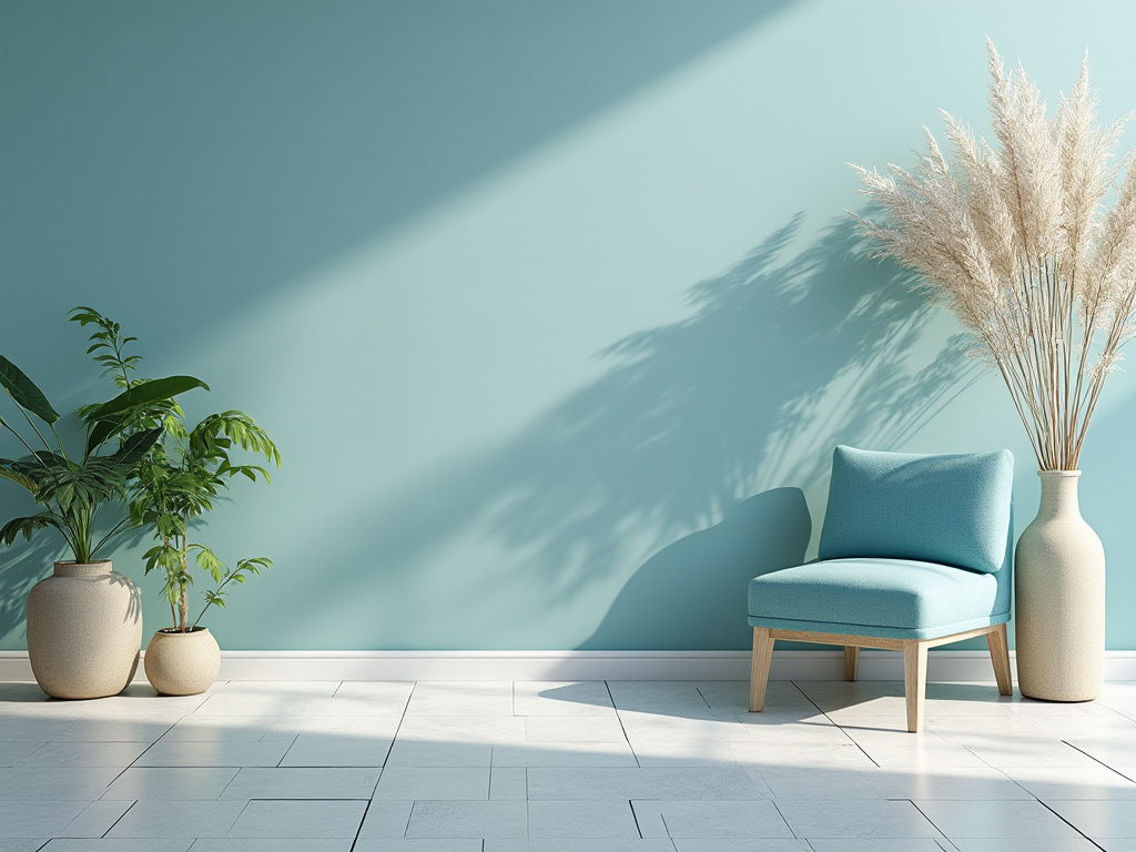 Sala minimalista con silla azul, pared verde menta, plantas en macetas y piso cerámico claro.