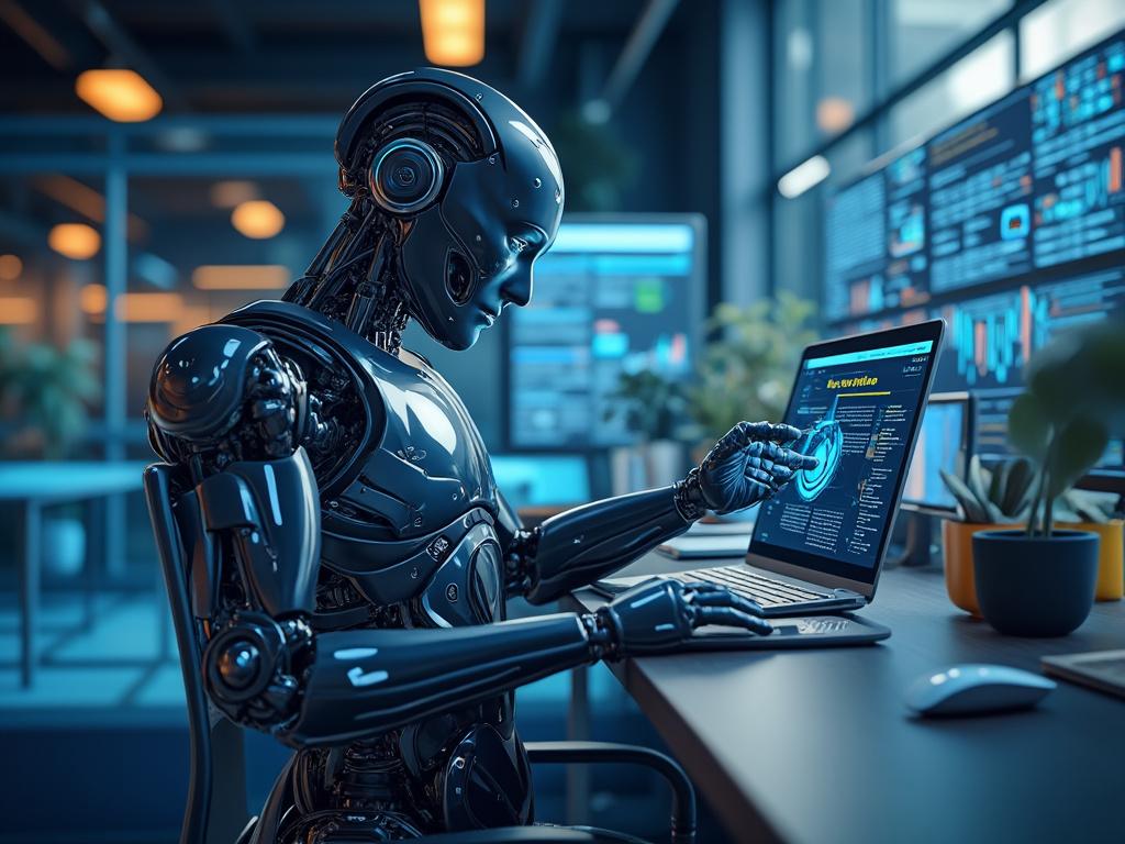 Robot humanoide trabajando en una computadora portátil en una oficina moderna con pantallas de datos.