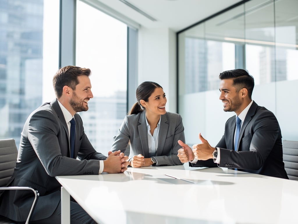 Business professionals in suits smiling during a meeting in a modern office conference room