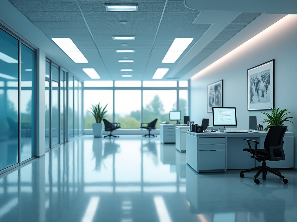 Oficina moderna con escritorios, computadoras y plantas junto a un ventanal grande. Oficina moderna con escritorios, computadoras y plantas junto a un ventanal grande.