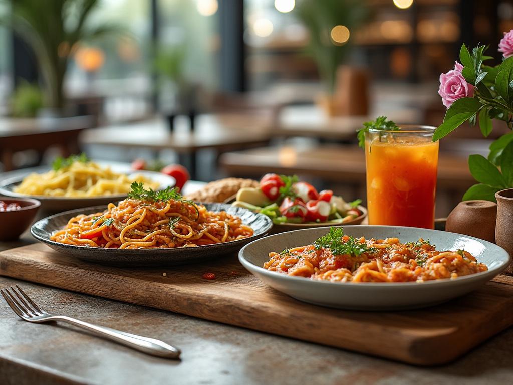 Plato de pasta con salsa de tomate y verduras, acompañado de bebida de naranja y ensalada fresca en un restaurante.