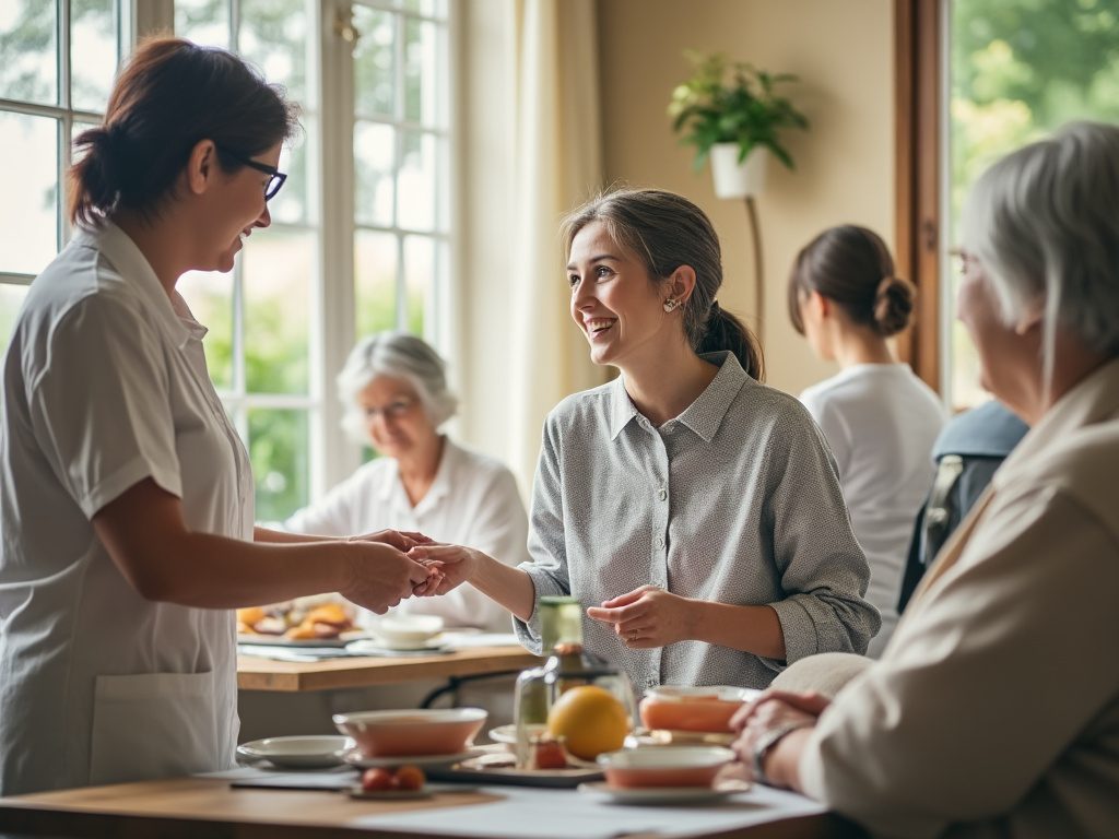 Jóvenes sonriendo en un comedor comunitario, participando en una actividad social.