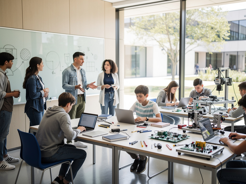 Estudiantes en aula moderna de robótica y programación trabajando con laptops, placas electrónicas e impresora 3D