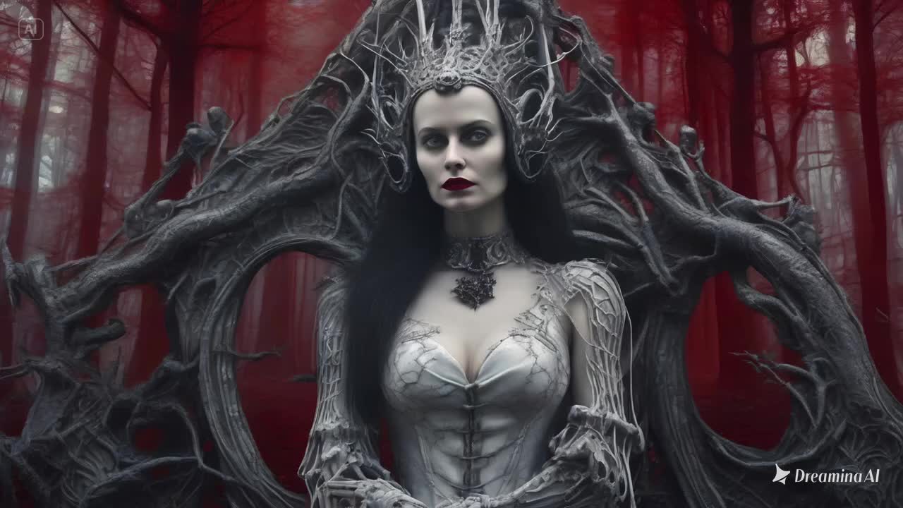Gothic queen in elegant attire with dark, flowing hair and a silver crown, set against a haunting red forest backdrop.