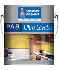P.A.B. Ultra Lavable de Sherwin Williams es un esmalte alquidálico ultra lavable, ya que gracias a su excelente acabado brillante evita las manchas creadas por la suciedad del uso diario y el medio ambiente.