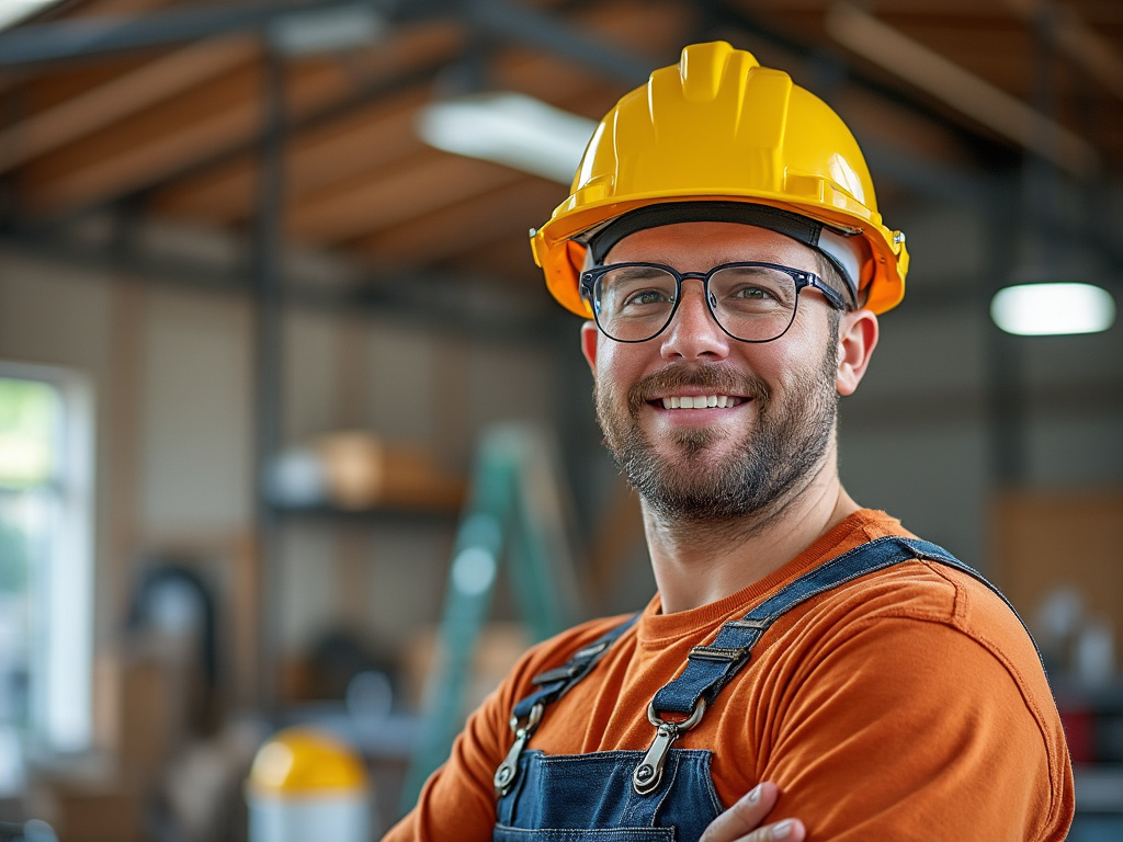 Smiling construction worker wearing a yellow hard hat and glasses in a workshop.