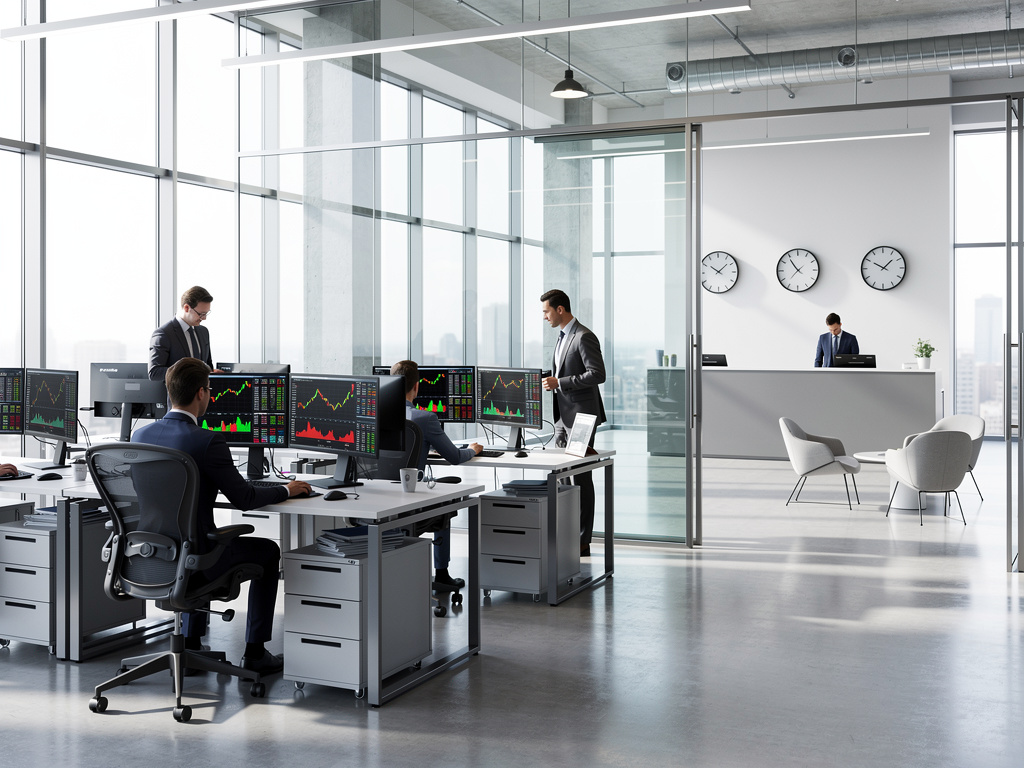 Oficina moderna de trading financiero con analistas monitoreando gráficos bursátiles en múltiples pantallas Oficina moderna de trading financiero con analistas monitoreando gráficos bursátiles en múltiples pantallas