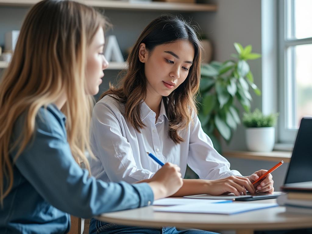 Dos mujeres trabajando juntas en una oficina con documentos y una computadora portátil en una mesa, cerca de una ventana iluminada.