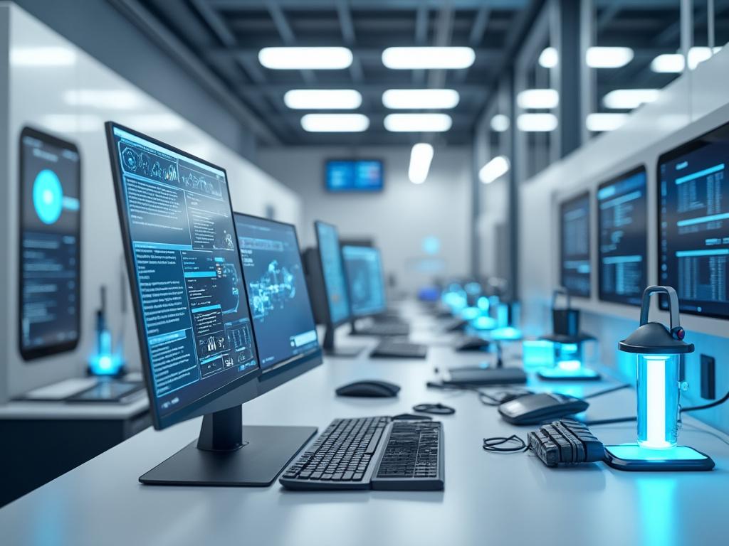 Sala de control con múltiples pantallas de computadora mostrando datos y gráficos, iluminada por luces azules.