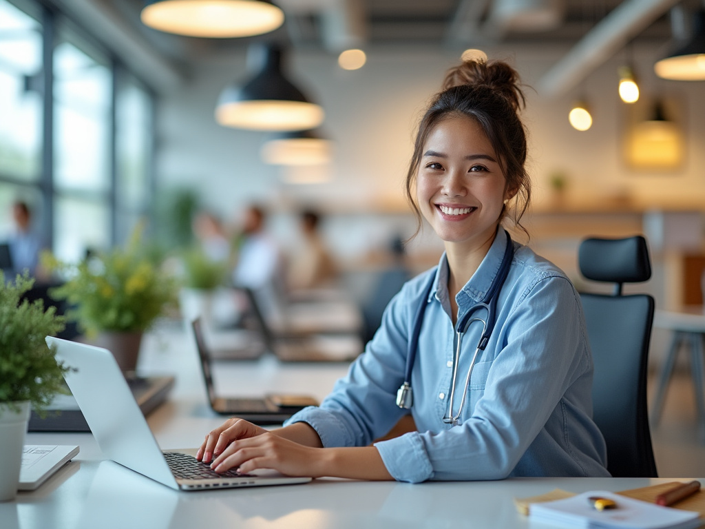 Smiling female doctor with stethoscope using laptop in a modern clinic office