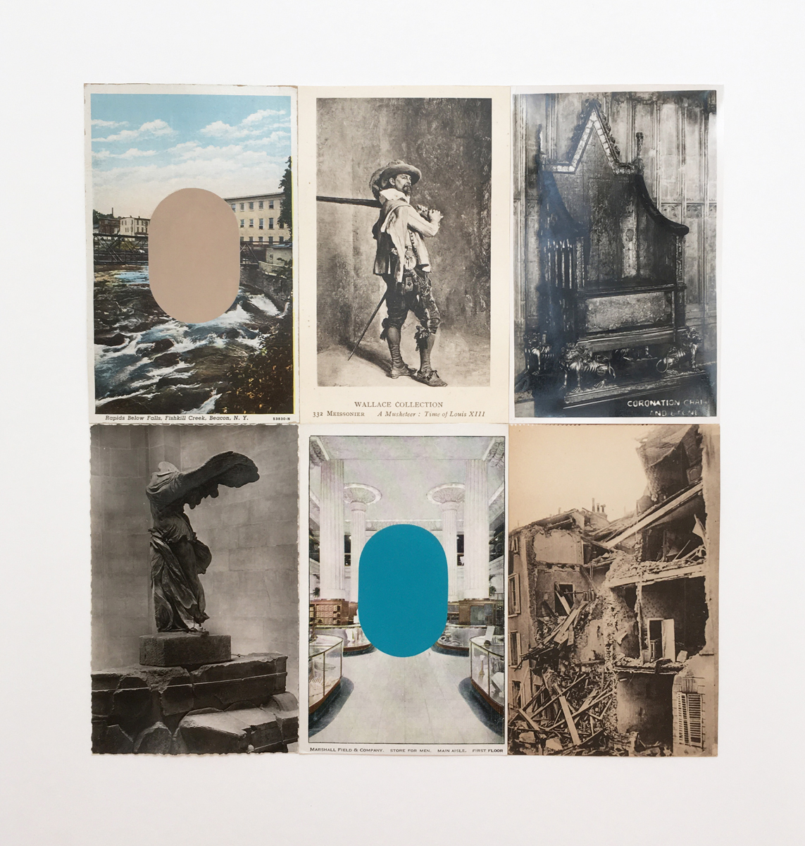 Six found vintage postcards arranged in a square, with painted ovals added.