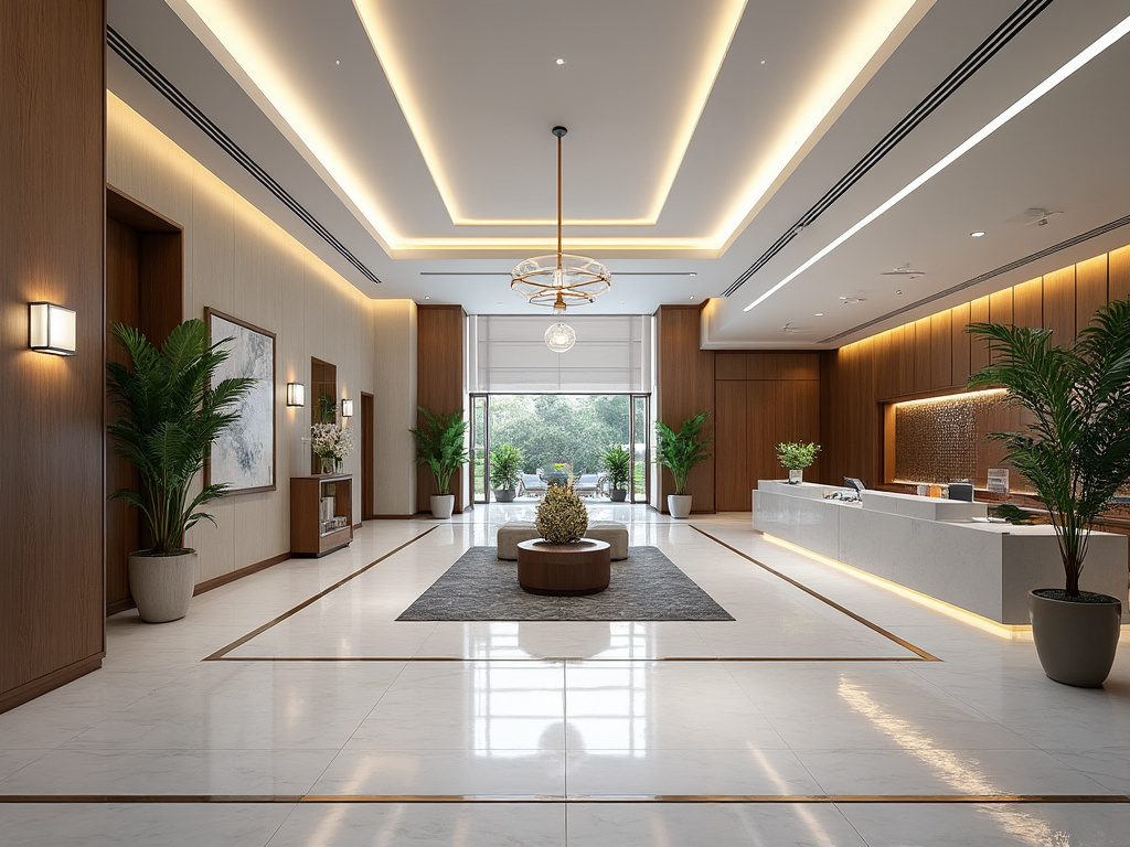 Moderno vestíbulo de hotel con iluminación elegante, plantas decorativas, mostrador de recepción y amplio espacio.