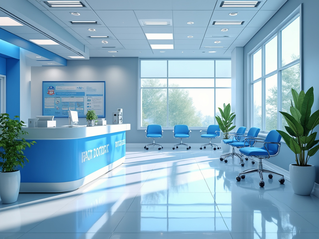 Recepción de clínica moderna con sillas azules y ventanas grandes, iluminación natural.