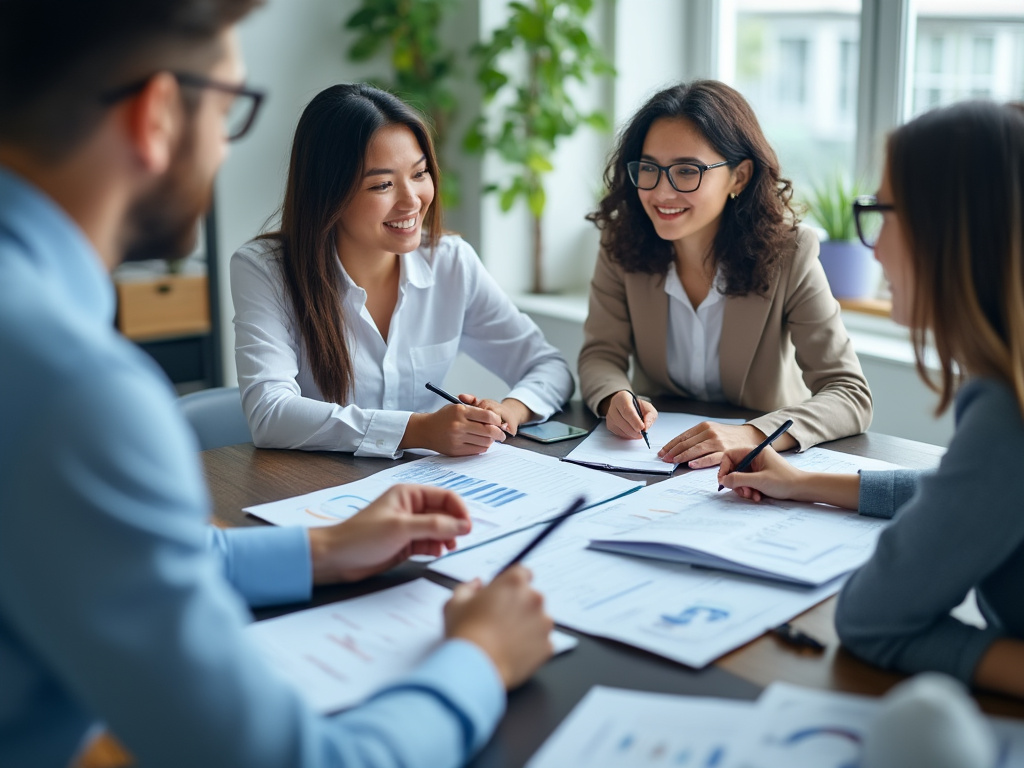 Grupo de empresarios en una reunión, discutiendo gráficos y estadísticas en una oficina luminosa.