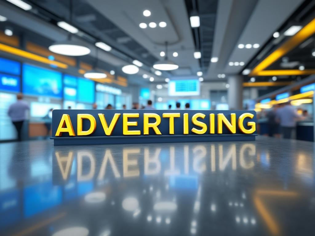 Cartel de 'Advertising' en un entorno moderno iluminado con pantallas digitales y luces.